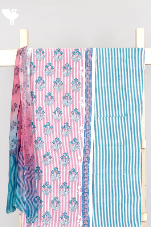 Cambric Cotton Dress Material With Chiffon Dupatta in Block Print