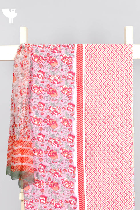 Cambric Cotton Dress Material With Chiffon Dupatta in Floral Block Print