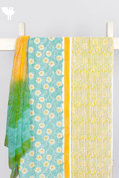 Cambric Cotton Dress Material With Chiffon Dupatta in Floral Block Print
