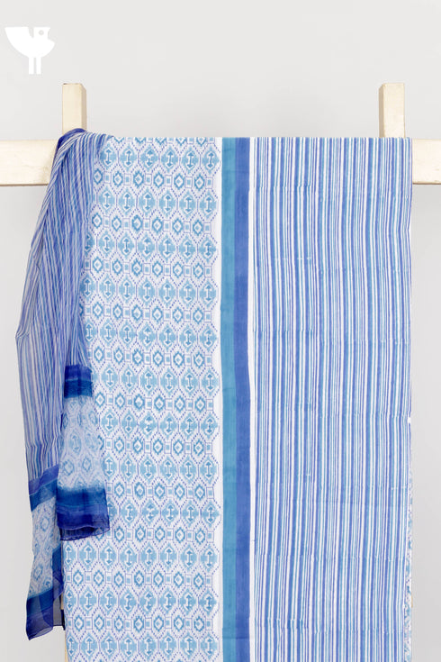 Cambric Cotton Dress Material With Chiffon Dupatta in Block Print