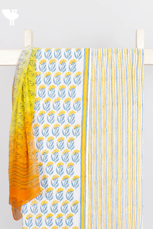 Cambric Cotton Dress Material With Chiffon Dupatta in Floral Block Print