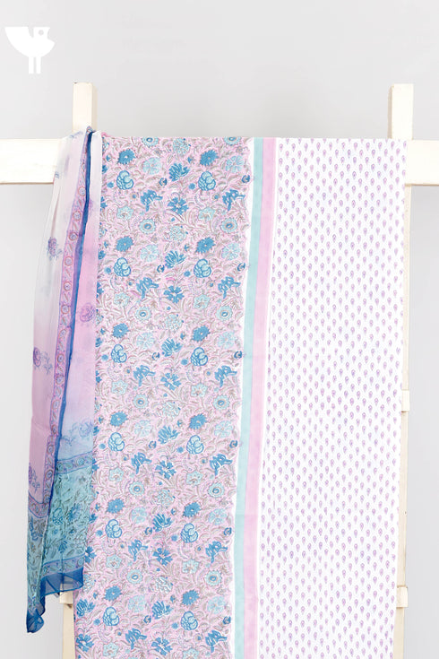 Cambric Cotton Dress Material With Chiffon Dupatta in Floral Block Print