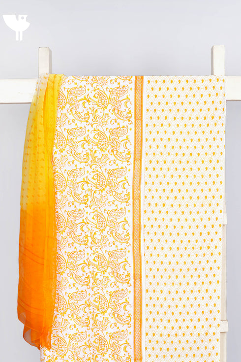 Cambric Cotton Dress Material With Chiffon Dupatta in Paisley Block Print