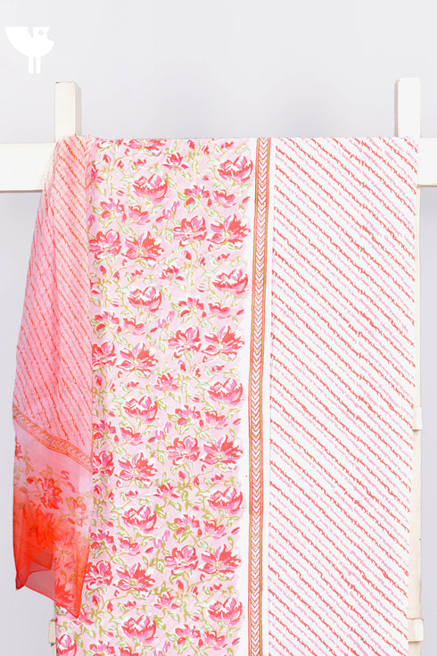 Cambric Cotton Dress Material With Chiffon Dupatta in Floral Block Print