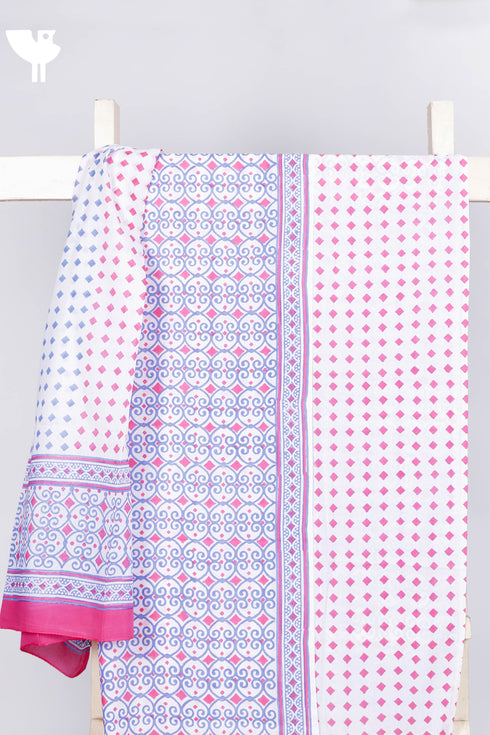 Cambric Cotton Dress Material With Mulmul Dupatta In Geomeric Block Print