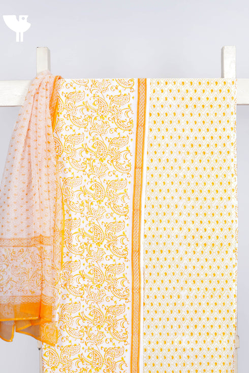 Cambric Cotton Dress Material With Kota Dupatta In Paisley Block Print