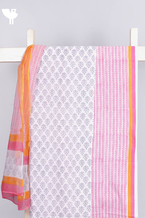 Cambric Cotton Dress Material With Kota Dupatta In Graphic Block Print