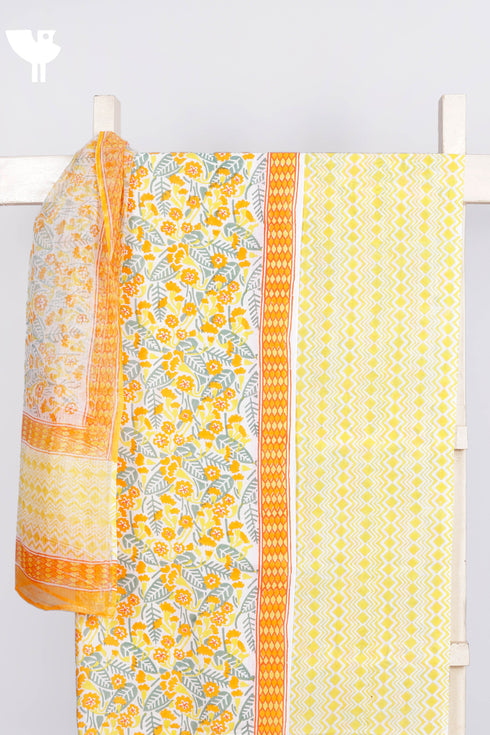 Cambric Cotton Dress Material With Kota Dupatta In Floral Block Print