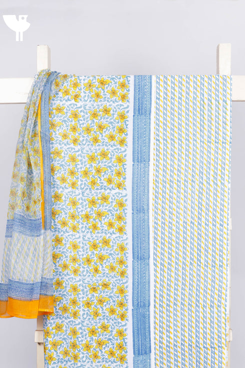 Cambric Cotton Dress Material With Kota Dupatta In Floral Block Print