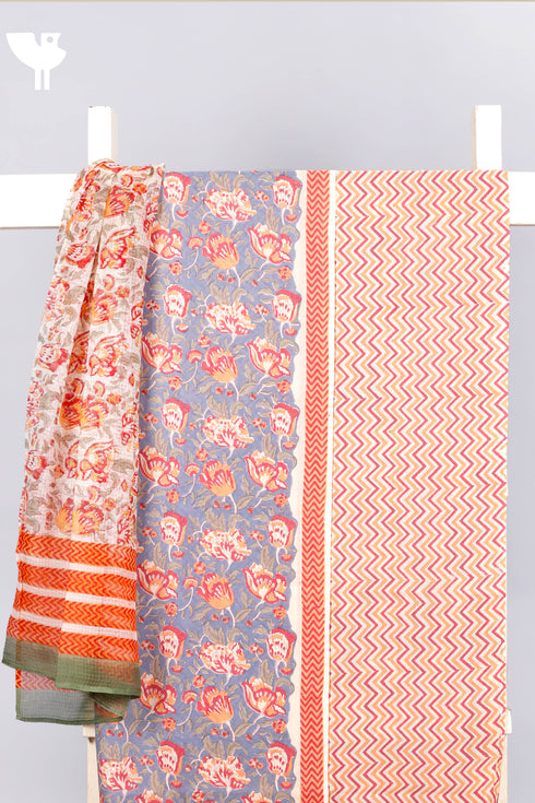Terry Voile Dress Material With Kota Doria Dupatta In Floral Block Print