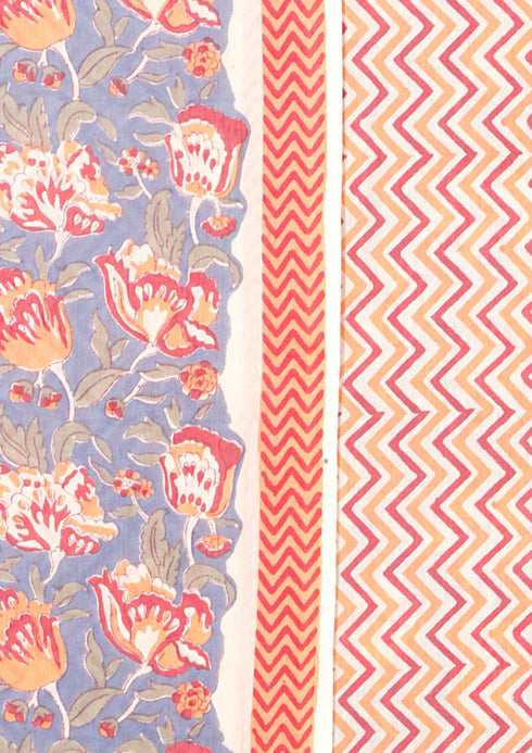 Terry Voile Dress Material With Kota Doria Dupatta In Floral Block Print