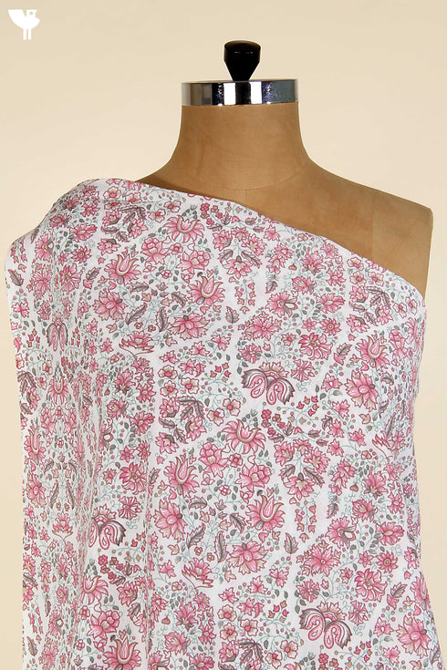 Cambric Cotton In Rose Pink Floral Block Print