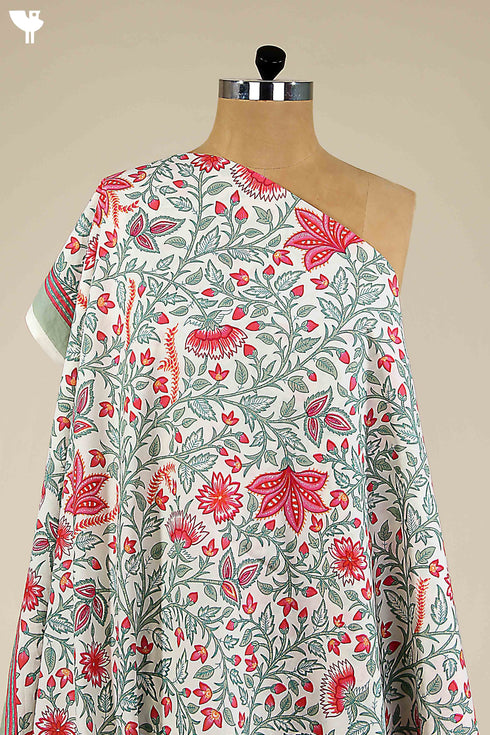 Cambric Cotton In Rose Red Floral Block Print