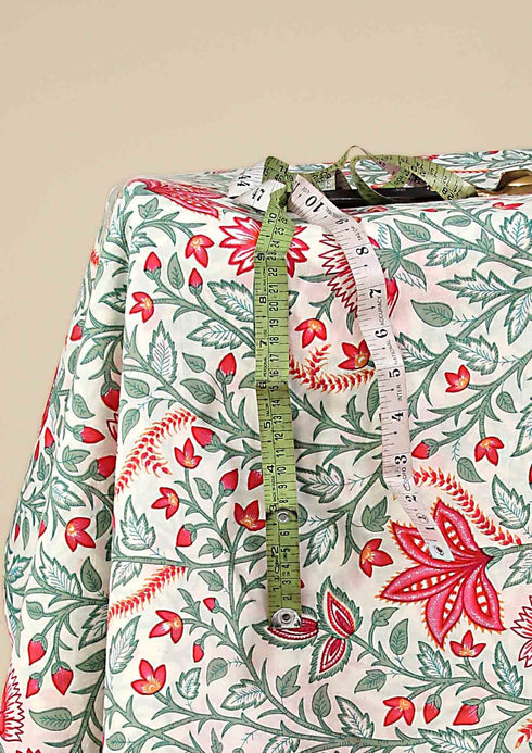 Cambric Cotton In Rose Red Floral Block Print