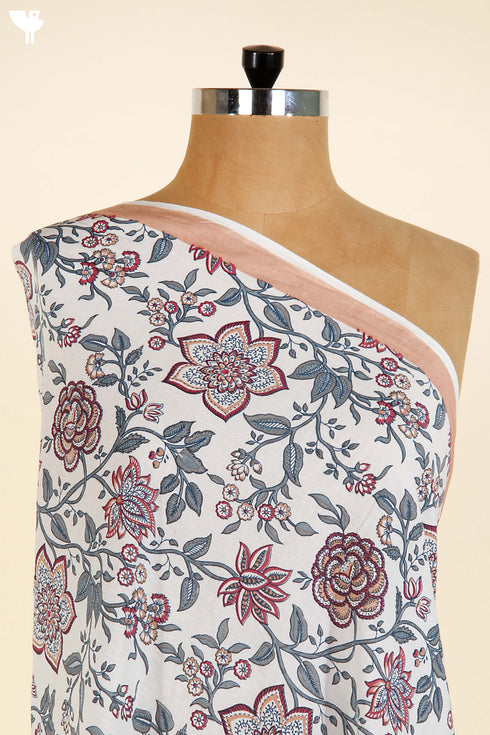 Mulmul Cotton In Pale PeachAnd Crimson Floral Print