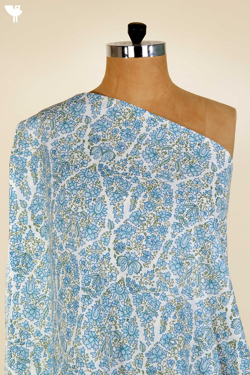 Cambric Cotton In Sky Blue and Leaf Green Floral Block Print