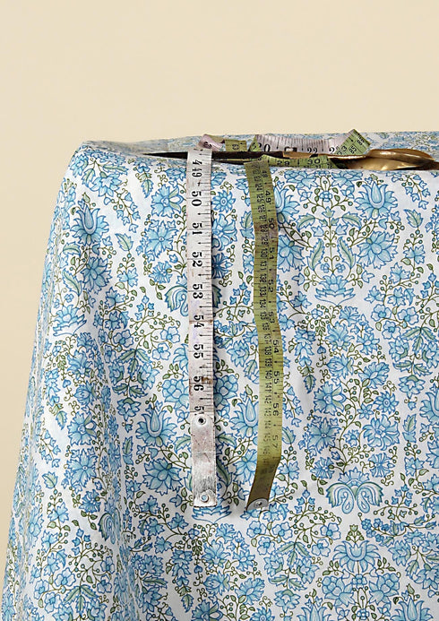 Cambric Cotton In Sky Blue and Leaf Green Floral Block Print