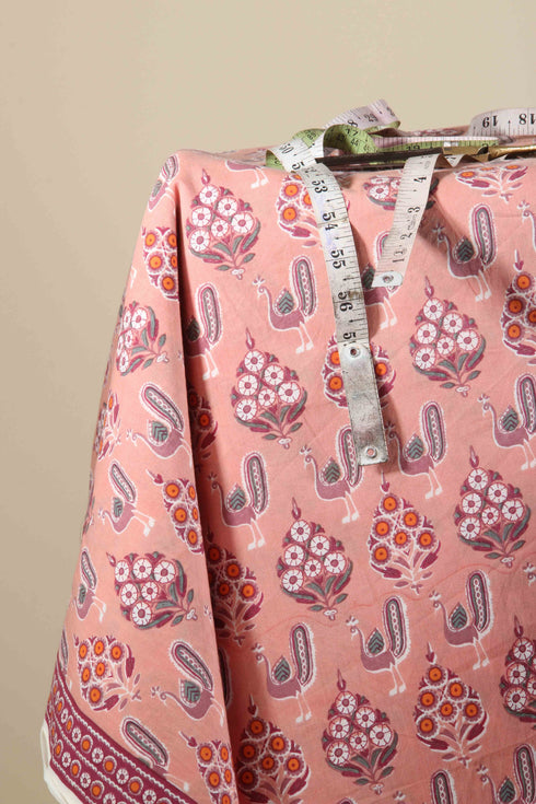 Cambric Cotton In Peach And Puce Graphic Block Print