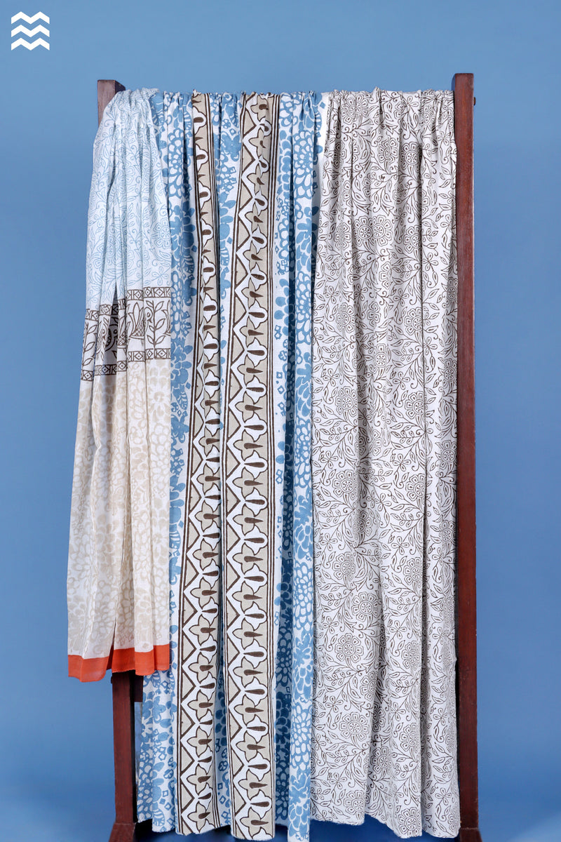 Cotton Slub Blue Floral Dress Material With Dupatta In Block Print