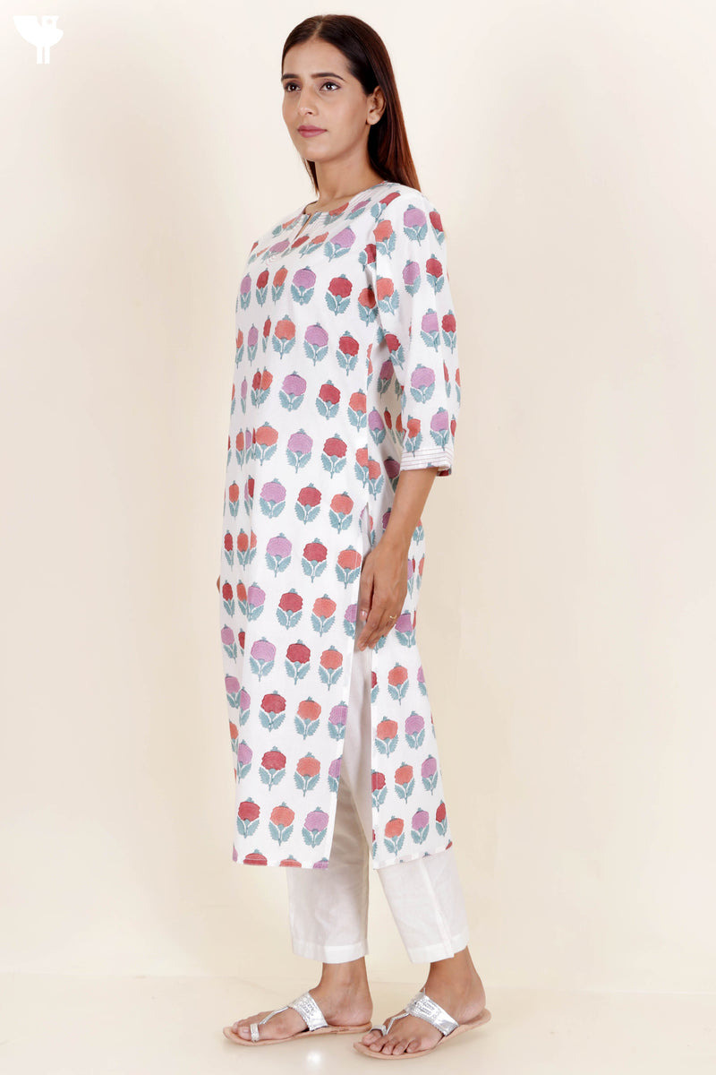 Cambric Cotton Kurta In Floral Block Print