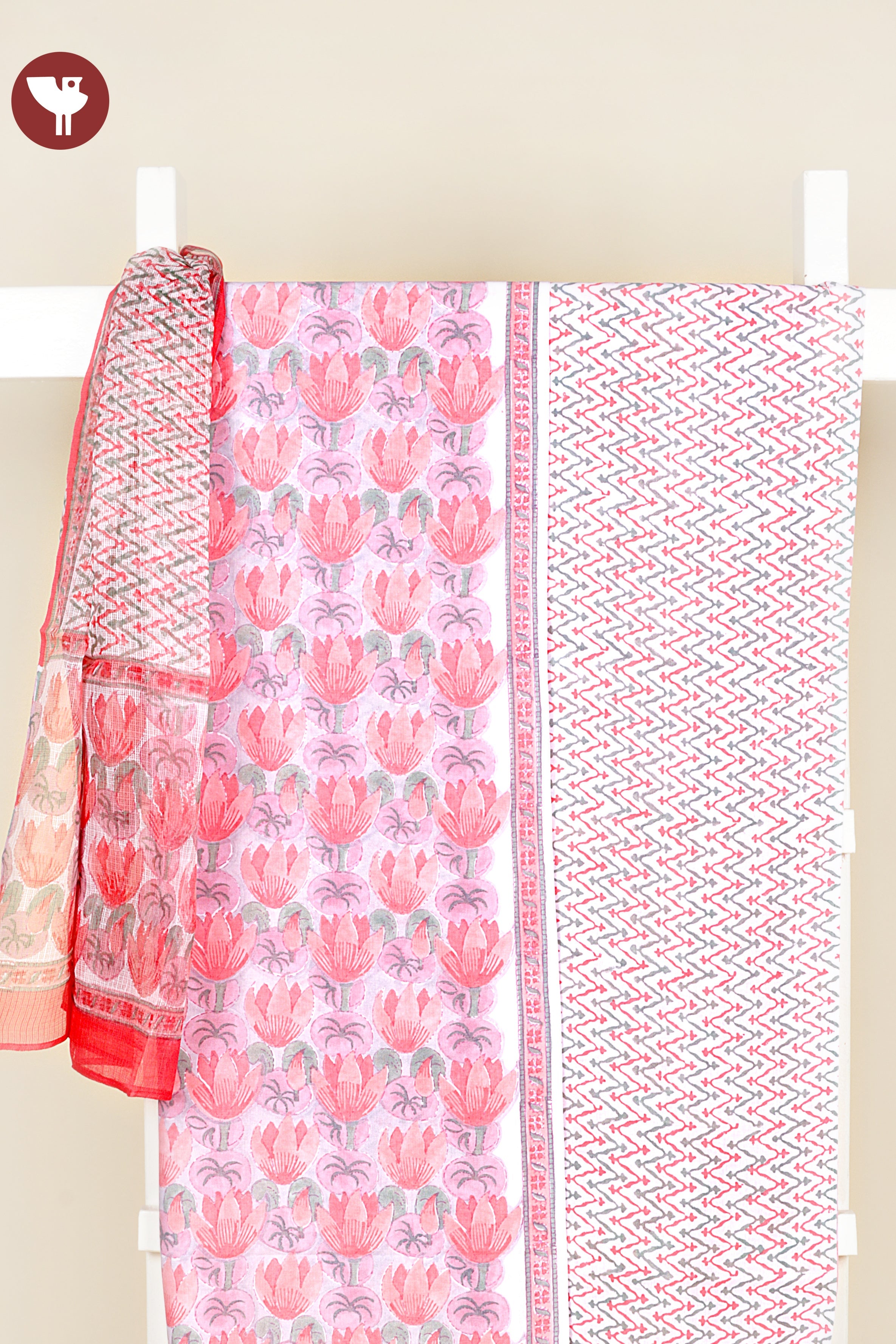 Terry Voile Dress Material With Kota Dupatta in Floral Block Print