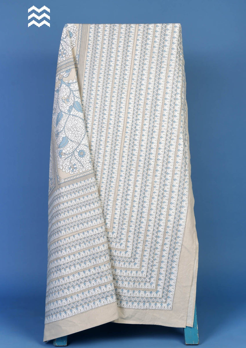 Beige and Blue Floral Block Printed Bedcover in White