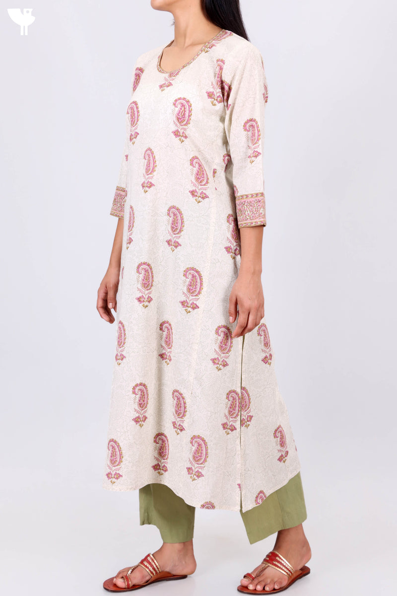 Cambric Cotton Kurta In Floral Block Print