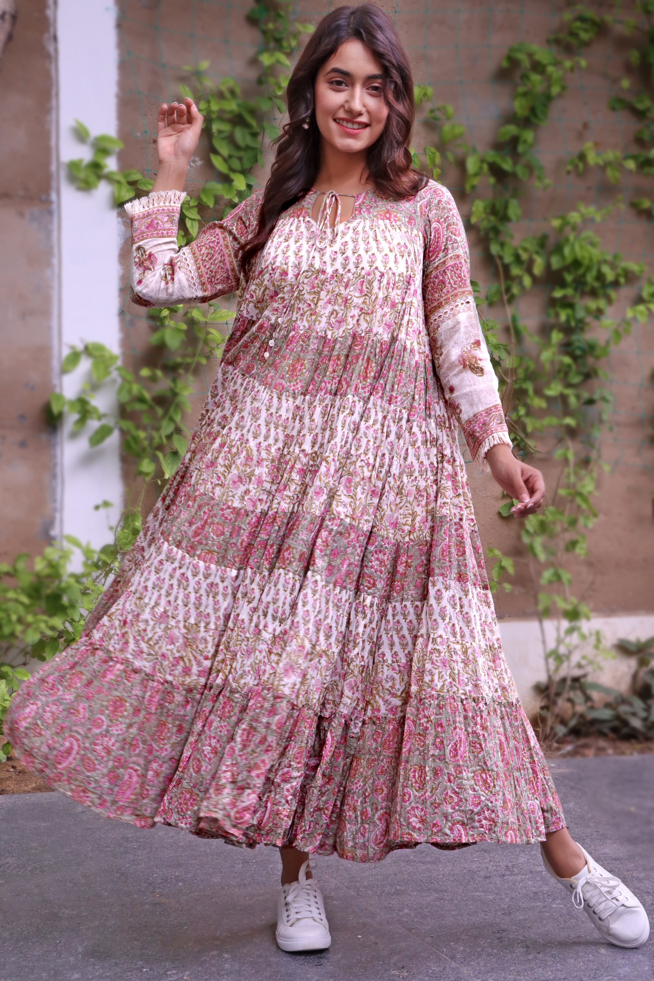 Mulmul Cotton Maxi Gathered Dress With Floral Block Print