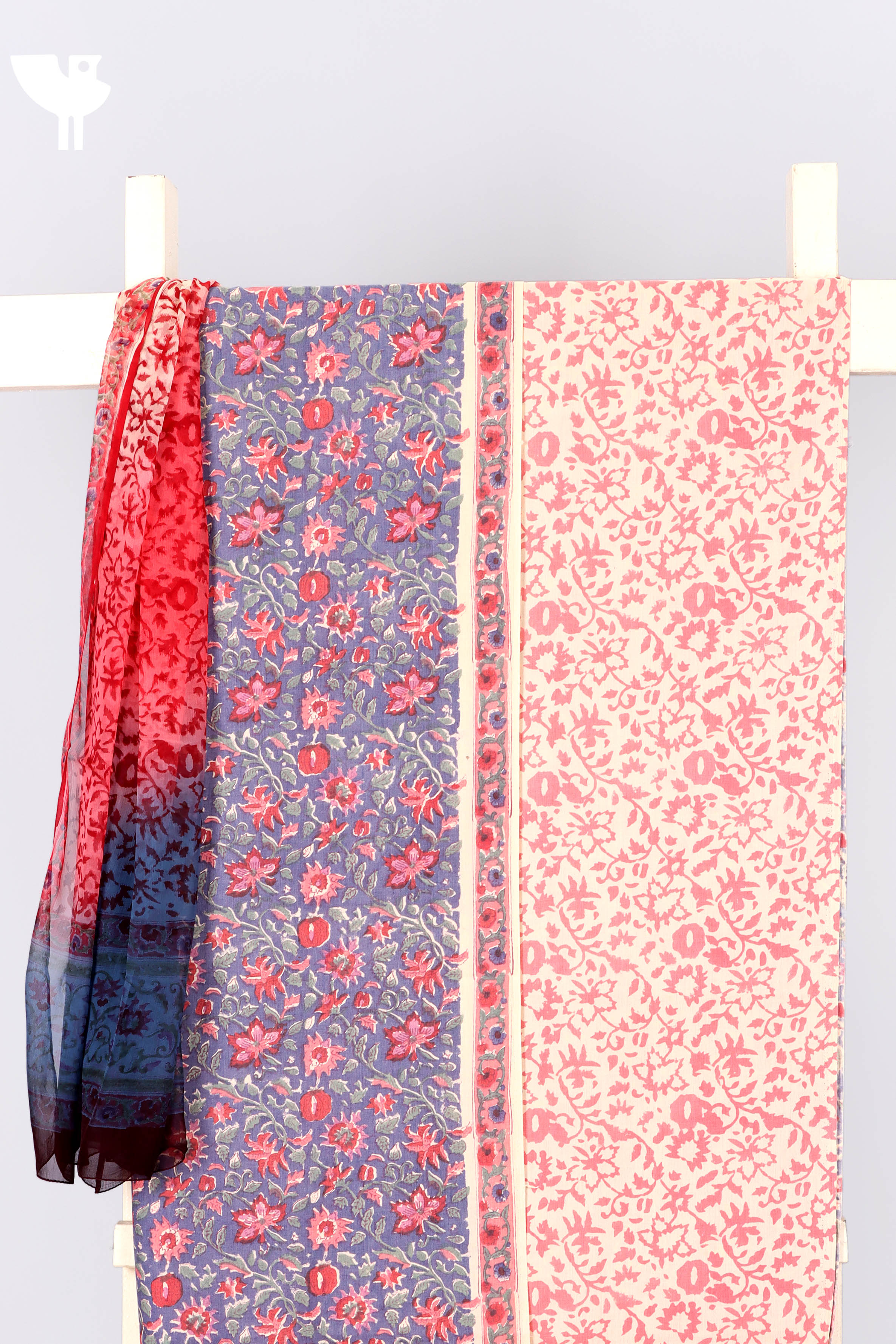 Terry Voile Dress Material With Chiffon Dupatta In Floral Block Print