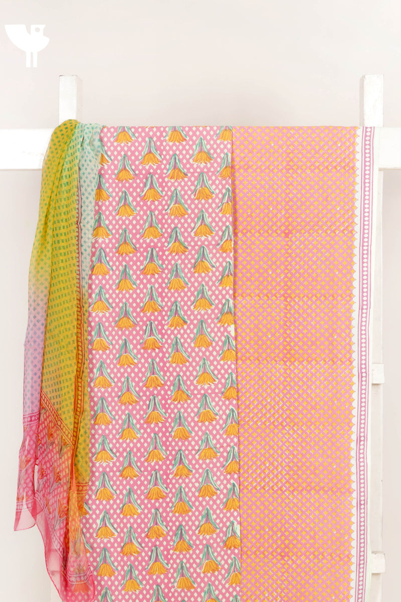 Bizzy Lizzy Dress Material With Chiffon Dupatta in Block Print